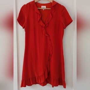 Sezane red silk ruffle wrap dress